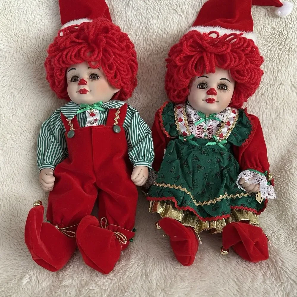 Marie Osmond Twins Jingle Belle Christmas Clown Dolls Pair Vintage Knickerbocker